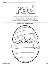 Free Easter egg color red coloring page and color worksheet, red worksheet for preschoolers to learn colors, printable PDF