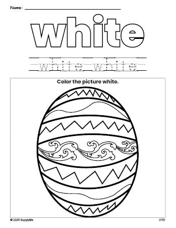 Free Easter egg color white coloring page and color worksheet, white worksheet for preschoolers to learn colors, printable PDF