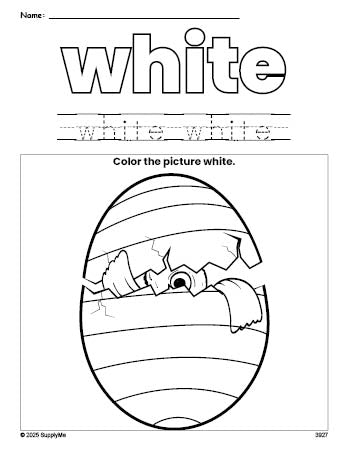 Free Easter egg color white coloring page and color worksheet, white worksheet for preschoolers to learn colors, printable PDF