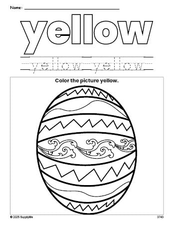 Free Easter egg color yellow coloring page and color worksheet, yellow worksheet for preschoolers to learn colors, printable PDF