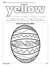 Free Easter egg color yellow coloring page and color worksheet, yellow worksheet for preschoolers to learn colors, printable PDF