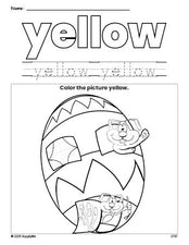 Free Easter egg color yellow coloring page and color worksheet, yellow worksheet for preschoolers to learn colors, printable PDF