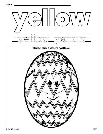 Free Easter egg color yellow coloring page and color worksheet, yellow worksheet for preschoolers to learn colors, printable PDF