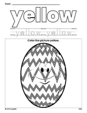 Free Easter egg color yellow coloring page and color worksheet, yellow worksheet for preschoolers to learn colors, printable PDF