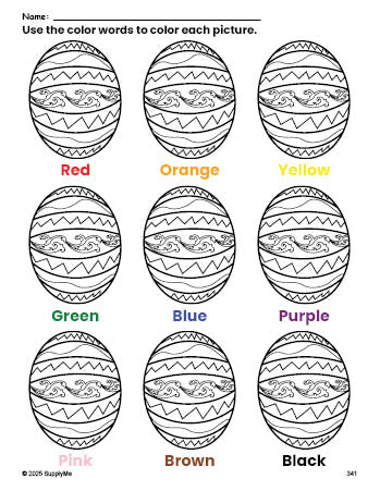 Free Easter egg coloring page and color worksheet for preschoolers to learn colors, printable PDF