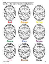 Free Easter egg coloring page and color worksheet for preschoolers to learn colors, printable PDF