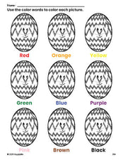 Free Easter egg coloring page and color worksheet for preschoolers to learn colors, printable PDF