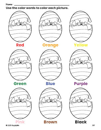 Free Easter egg coloring page and color worksheet for preschoolers to learn colors, printable PDF