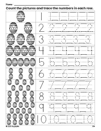 Free printable Easter egg counting worksheet for preschool and pre-k with number tracing practice 1-10, PDF