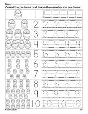 Free printable Easter egg counting worksheet for preschool and pre-k with number tracing practice 1-10, PDF