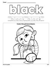 Free Easter girl color black coloring page and color worksheet, black worksheet for preschoolers to learn colors, printable PDF