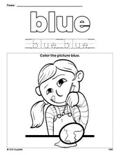 Free Easter girl color blue coloring page and color worksheet, blue worksheet for preschoolers to learn colors, printable PDF