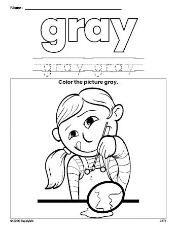 Free Easter girl color gray coloring page and color worksheet, gray worksheet for preschoolers to learn colors, printable PDF