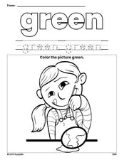 Free Easter girl color green coloring page and color worksheet, green worksheet for preschoolers to learn colors, printable PDF