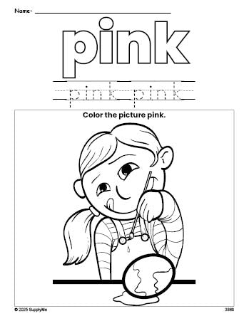 Free Easter girl color pink coloring page and color worksheet, pink worksheet for preschoolers to learn colors, printable PDF