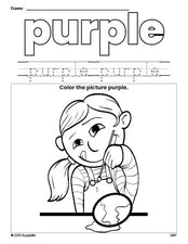 Free Easter girl color purple coloring page and color worksheet, purple worksheet for preschoolers to learn colors, printable PDF