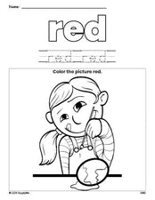 Free Easter girl color red coloring page and color worksheet, red worksheet for preschoolers to learn colors, printable PDF