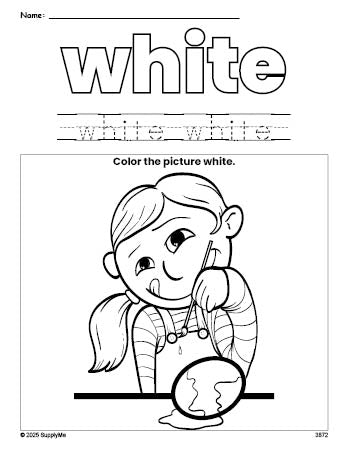 Free Easter girl color white coloring page and color worksheet, white worksheet for preschoolers to learn colors, printable PDF