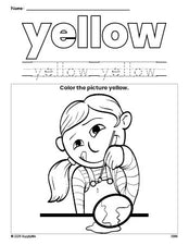 Free Easter girl color yellow coloring page and color worksheet, yellow worksheet for preschoolers to learn colors, printable PDF