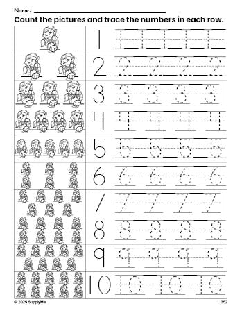 Free printable Easter girl counting worksheet for preschool and pre-k with number tracing practice 1-10, PDF