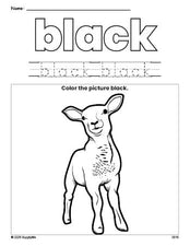 Free Easter lamb color black coloring page and color worksheet, black worksheet for preschoolers to learn colors, printable PDF