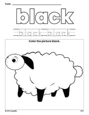 Free Easter lamb color black coloring page and color worksheet, black worksheet for preschoolers to learn colors, printable PDF