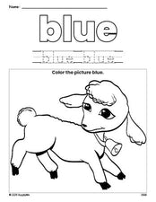 Free Easter lamb color blue coloring page and color worksheet, blue worksheet for preschoolers to learn colors, printable PDF