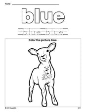 Free Easter lamb color blue coloring page and color worksheet, blue worksheet for preschoolers to learn colors, printable PDF