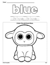 Free Easter lamb color blue coloring page and color worksheet, blue worksheet for preschoolers to learn colors, printable PDF