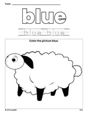 Free Easter lamb color blue coloring page and color worksheet, blue worksheet for preschoolers to learn colors, printable PDF