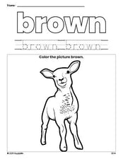 Free Easter lamb color brown coloring page and color worksheet, brown worksheet for preschoolers to learn colors, printable PDF