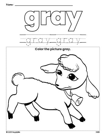 Free Easter lamb color gray coloring page and color worksheet, gray worksheet for preschoolers to learn colors, printable PDF