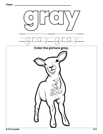 Free Easter lamb color gray coloring page and color worksheet, gray worksheet for preschoolers to learn colors, printable PDF