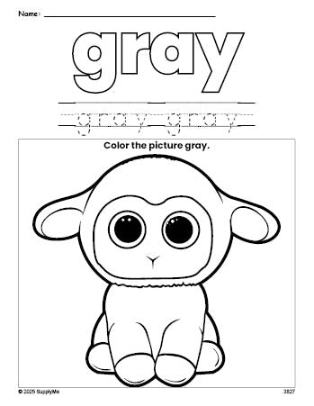 Free Easter lamb color gray coloring page and color worksheet, gray worksheet for preschoolers to learn colors, printable PDF