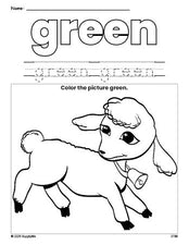 Free Easter lamb color green coloring page and color worksheet, green worksheet for preschoolers to learn colors, printable PDF