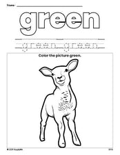 Free Easter lamb color green coloring page and color worksheet, green worksheet for preschoolers to learn colors, printable PDF