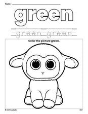 Free Easter lamb color green coloring page and color worksheet, green worksheet for preschoolers to learn colors, printable PDF