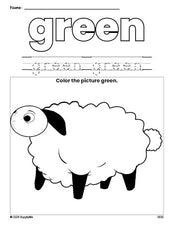 Free Easter lamb color green coloring page and color worksheet, green worksheet for preschoolers to learn colors, printable PDF