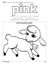 Free Easter lamb color pink coloring page and color worksheet, pink worksheet for preschoolers to learn colors, printable PDF