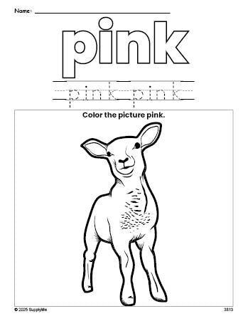 Free Easter lamb color pink coloring page and color worksheet, pink worksheet for preschoolers to learn colors, printable PDF