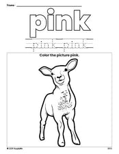 Free Easter lamb color pink coloring page and color worksheet, pink worksheet for preschoolers to learn colors, printable PDF