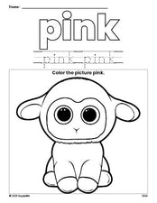 Free Easter lamb color pink coloring page and color worksheet, pink worksheet for preschoolers to learn colors, printable PDF