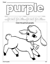 Free Easter lamb color purple coloring page and color worksheet, purple worksheet for preschoolers to learn colors, printable PDF