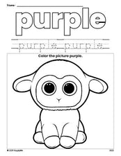 Free Easter lamb color purple coloring page and color worksheet, purple worksheet for preschoolers to learn colors, printable PDF