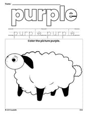 Free Easter lamb color purple coloring page and color worksheet, purple worksheet for preschoolers to learn colors, printable PDF