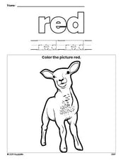 Free Easter lamb color red coloring page and color worksheet, red worksheet for preschoolers to learn colors, printable PDF