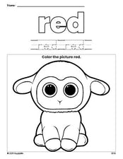 Free Easter lamb color red coloring page and color worksheet, red worksheet for preschoolers to learn colors, printable PDF