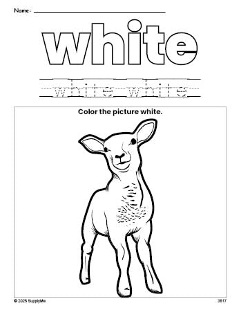 Free Easter lamb color white coloring page and color worksheet, white worksheet for preschoolers to learn colors, printable PDF