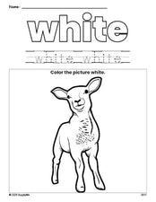 Free Easter lamb color white coloring page and color worksheet, white worksheet for preschoolers to learn colors, printable PDF