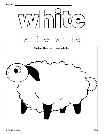 Free Easter lamb color white coloring page and color worksheet, white worksheet for preschoolers to learn colors, printable PDF